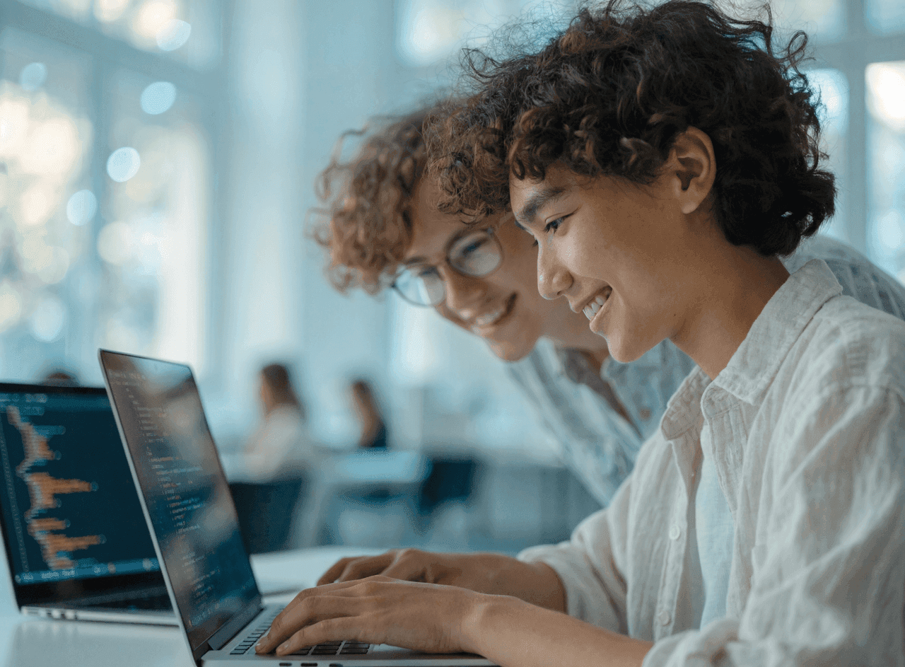 Two students smiling while writing code together on a laptop in a bright modern lab