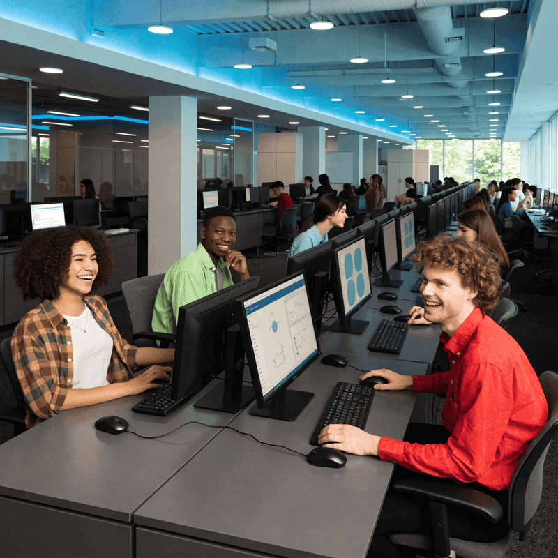 A large university computer lab full of students working at rows of computers