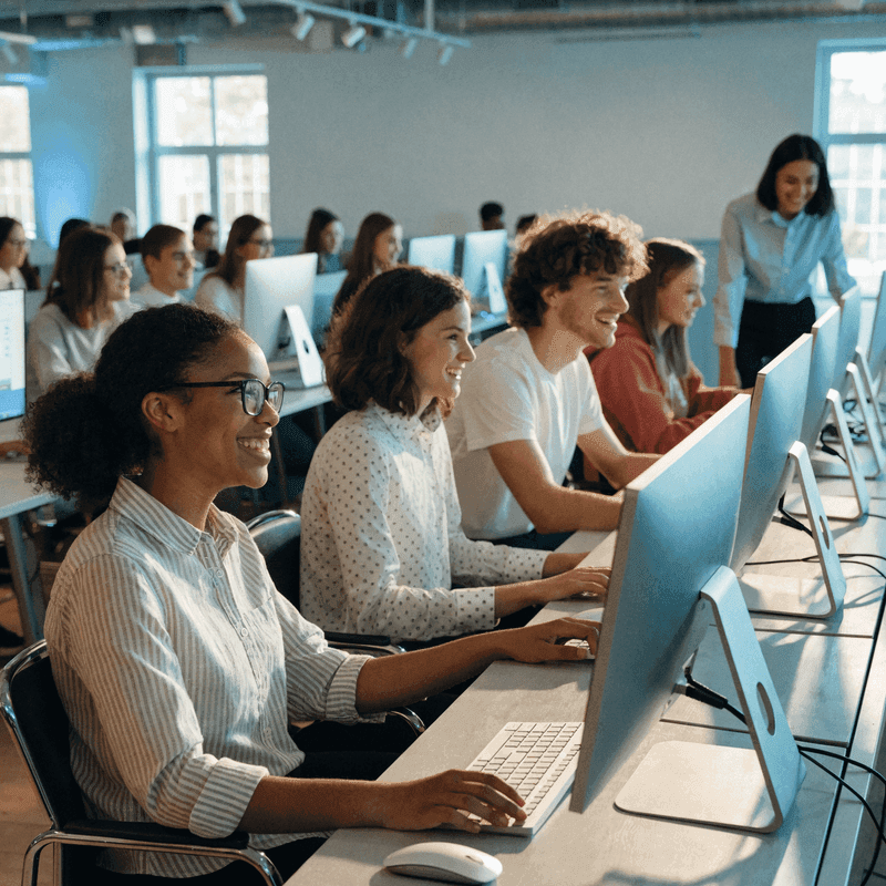 A full class of students working at computers in a modern lab with a teacher assisting